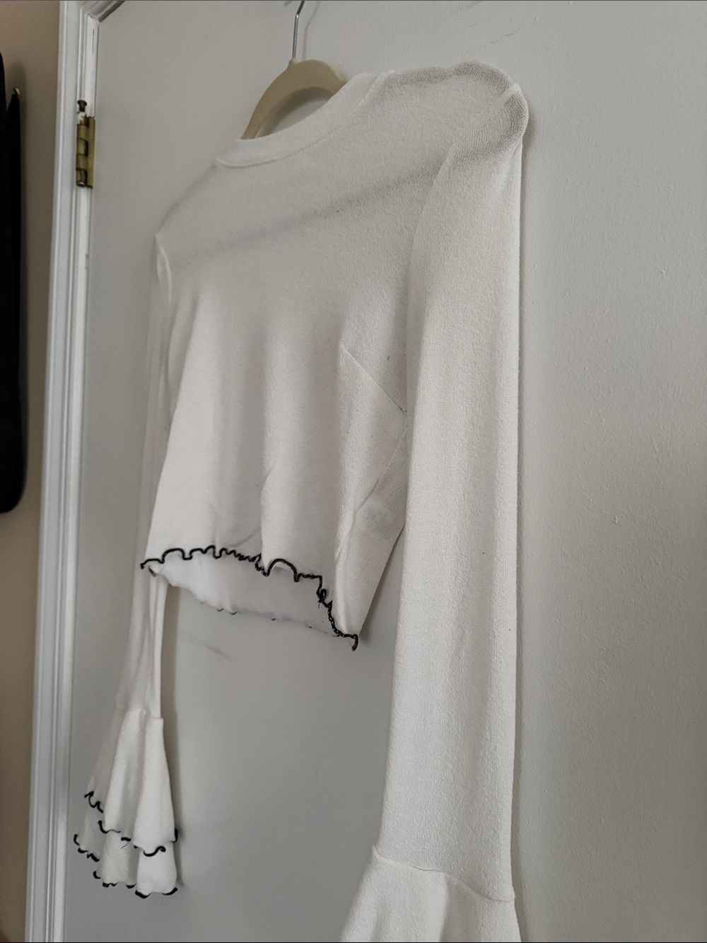 Lost + Wander White Long-Sleeve Crop Top with Black Ruffle Trim